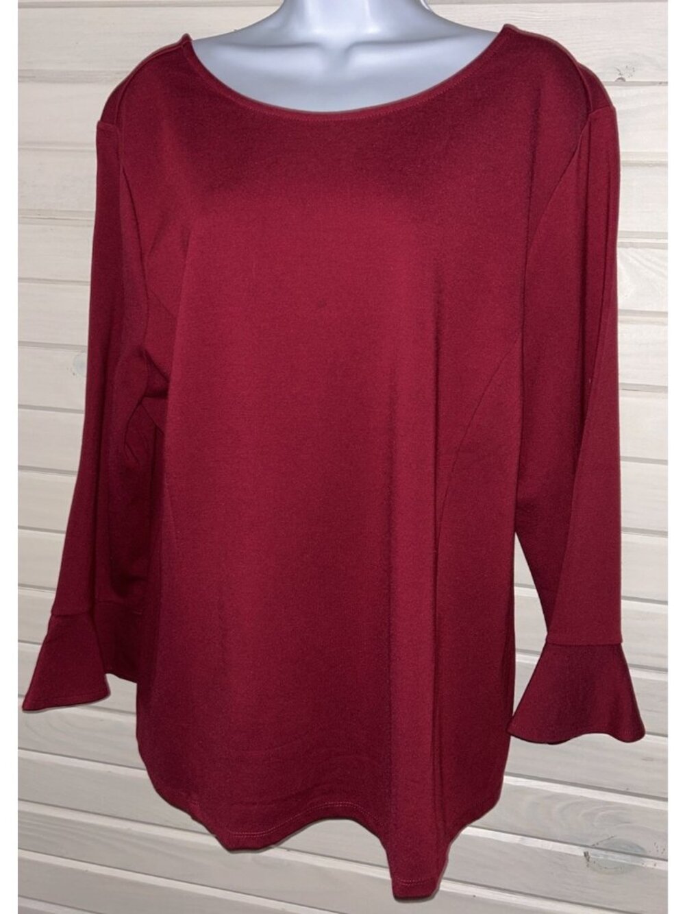 Talbots Sz XL Deep Red Ponte Knit Top 3/4 Ruffle Sleeve Scoop Back Stretch EUC